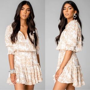 BUDDY LOVE Bronx COWHIDE 🤠 Print Ruffle Skirt Smocked Sleeves Tie Neck Dress S